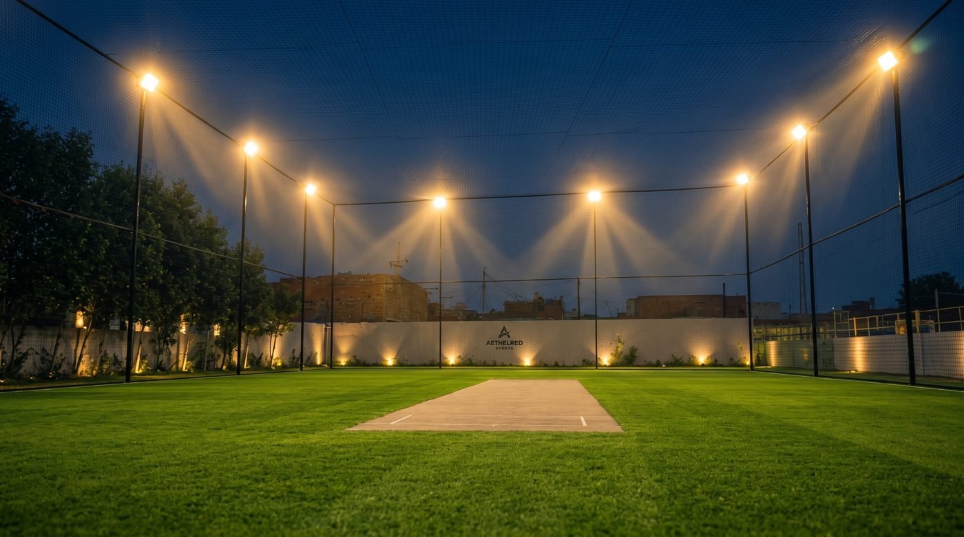 Indoor cricket cage at night